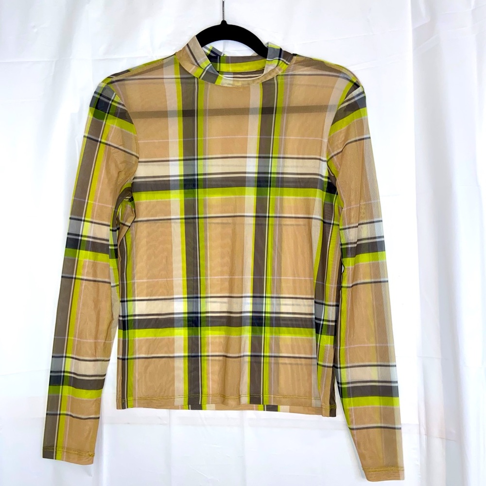River Island Ultra Sheer Plaid Green Black Nude High Neck Long Sleeve Top
